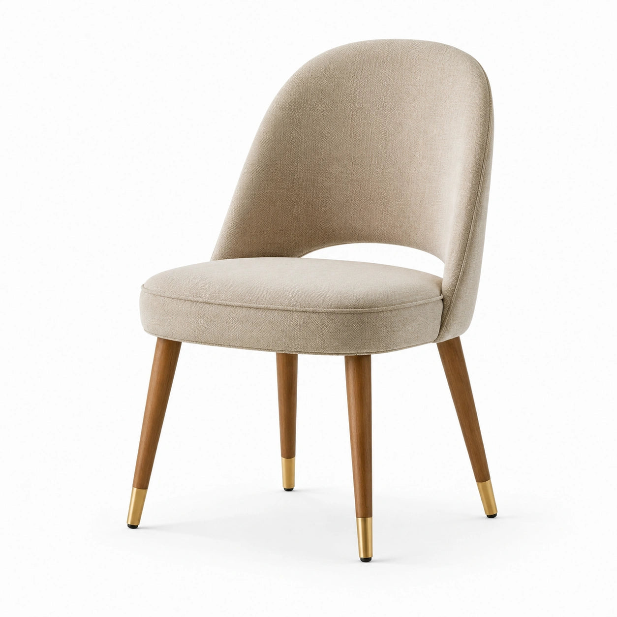 Sedia da Pranzo in Tessuto Beige con Gambe in Legno e Dettagli Metallici