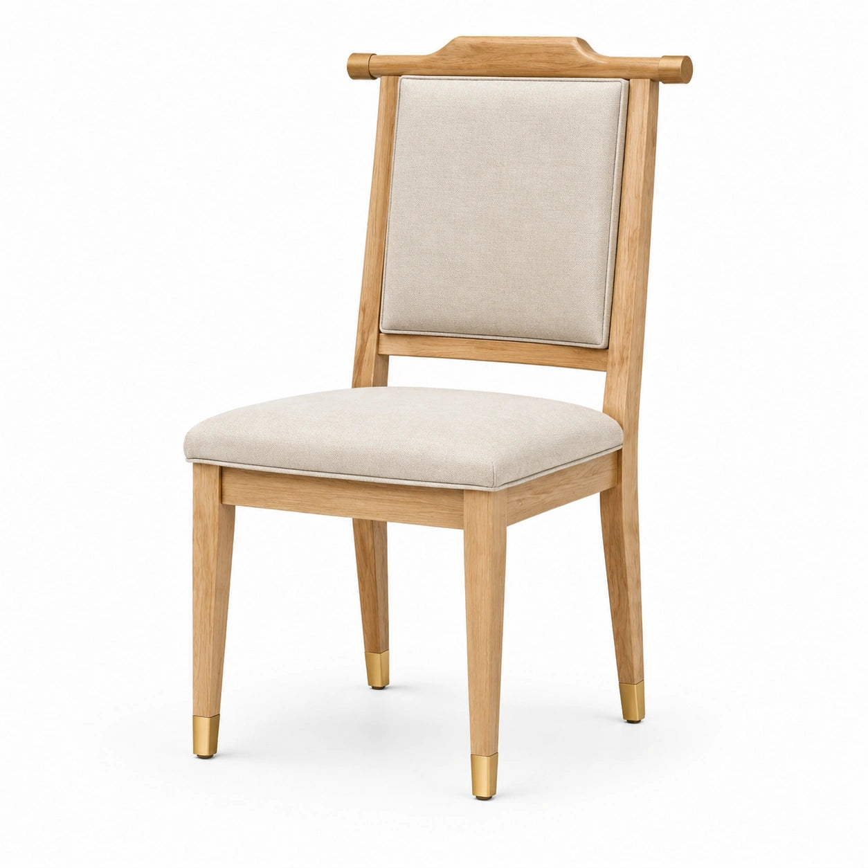 Sedia da pranzo in legno massello con tessuto beige e dettagli metallici dorati