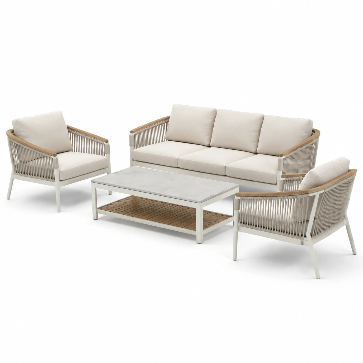 Set salotto da esterno in alluminio e corda con cuscini beige
