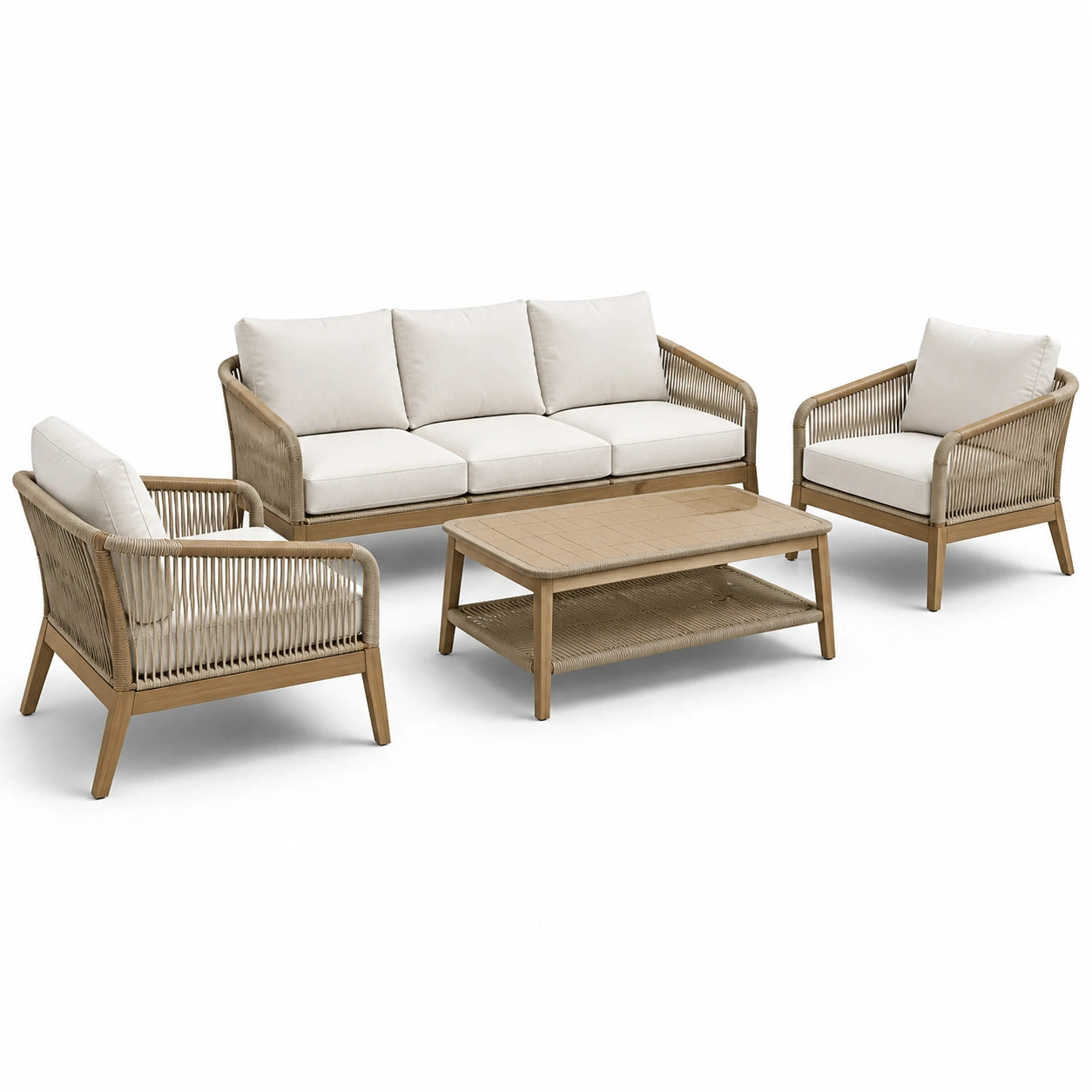 Set da giardino in legno e corda sintetica beige