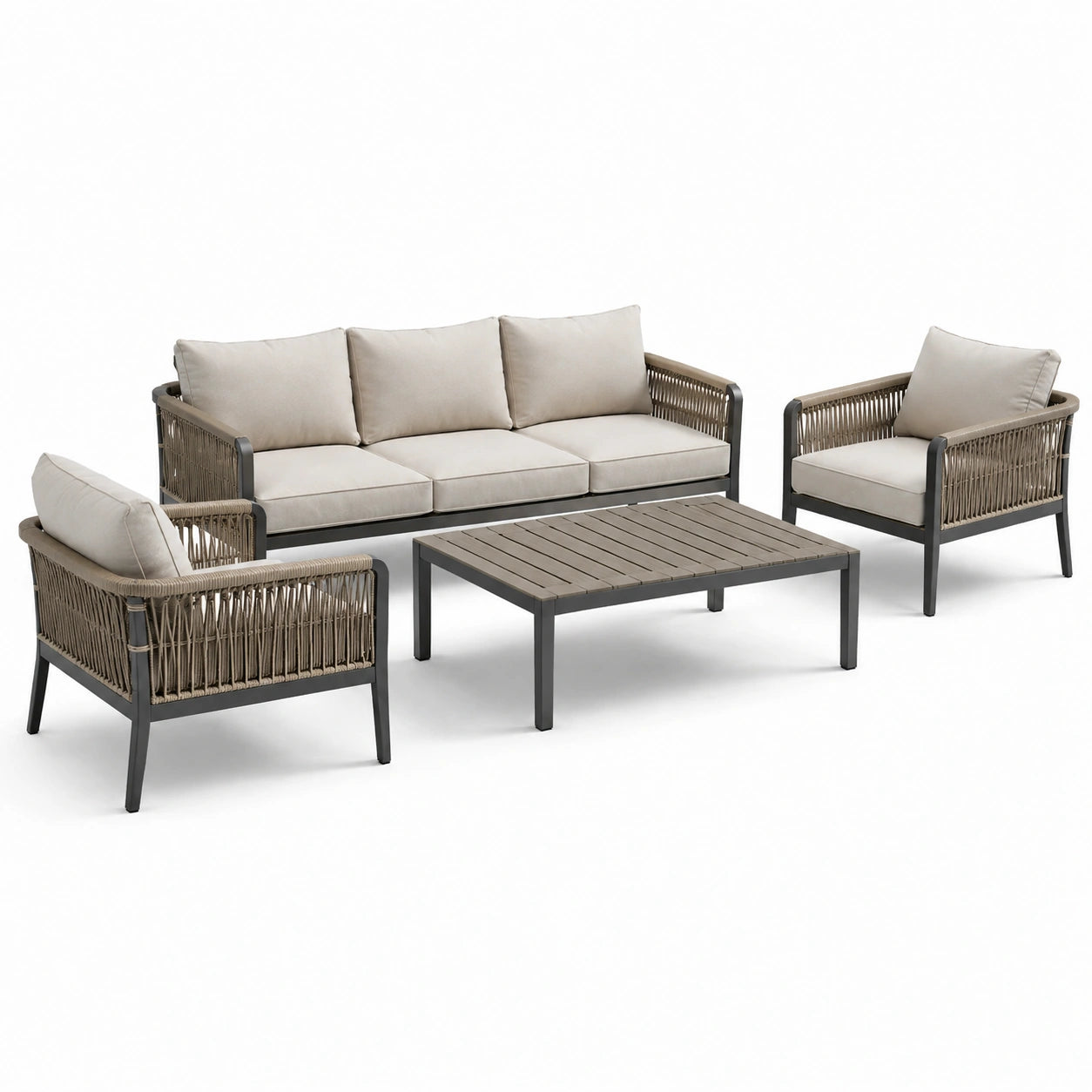 Set salotto da esterno in rattan con cuscini in tessuto crema e struttura in metallo