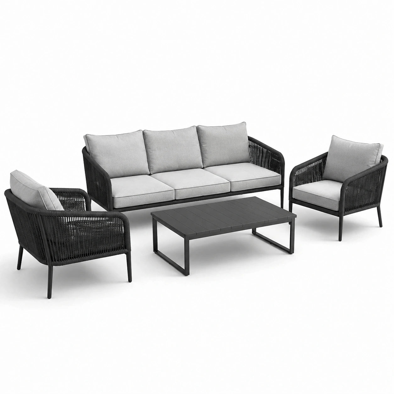 Set di mobili da giardino in metallo nero con sedute in poliestere grigio