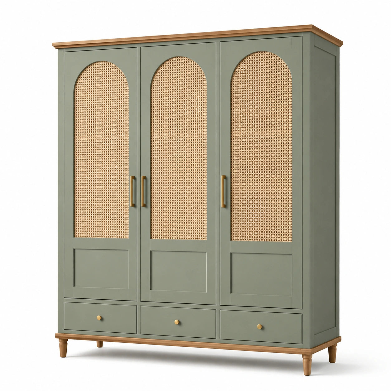 Armadio in Legno e Rattan con 3 Ante e Cassetti Verde Salvia