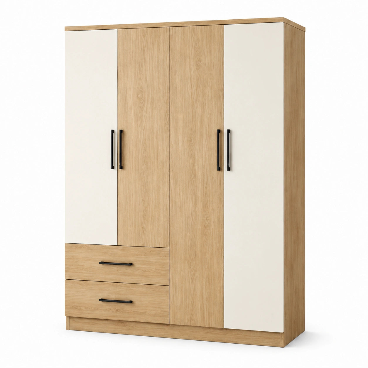 Armadio in legno e MDF con 4 ante e 2 cassetti rovere/bianco