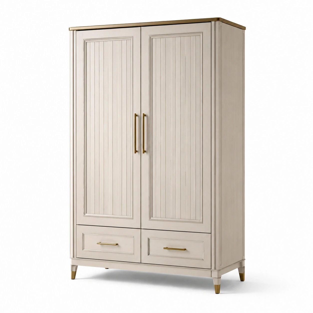 Armadio in legno massello beige con maniglie in metallo dorato