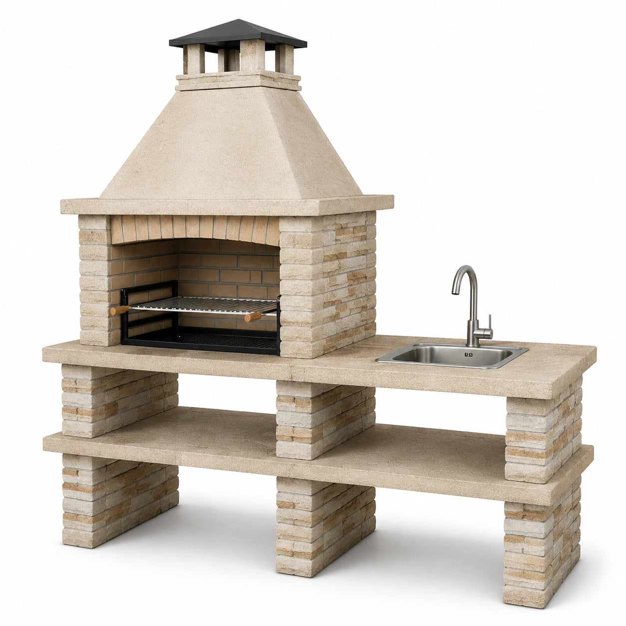 Barbecue da Esterno in Pietra con Lavello in Acciaio Beige 160x70x200 cm