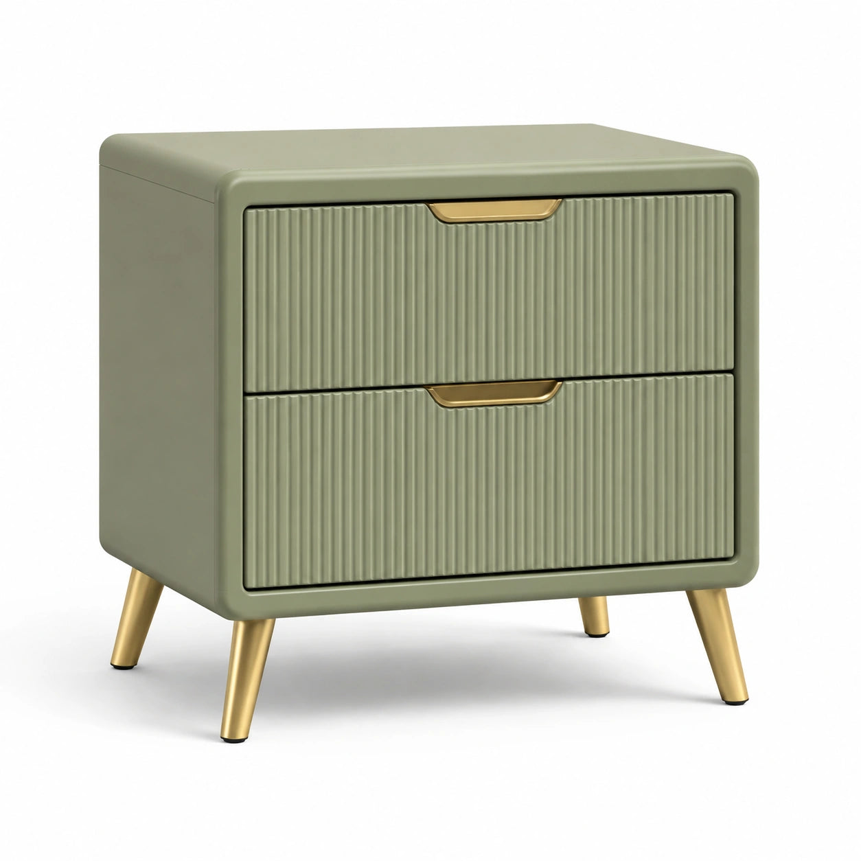 Comodino a due cassetti in legno verde con gambe in metallo dorato