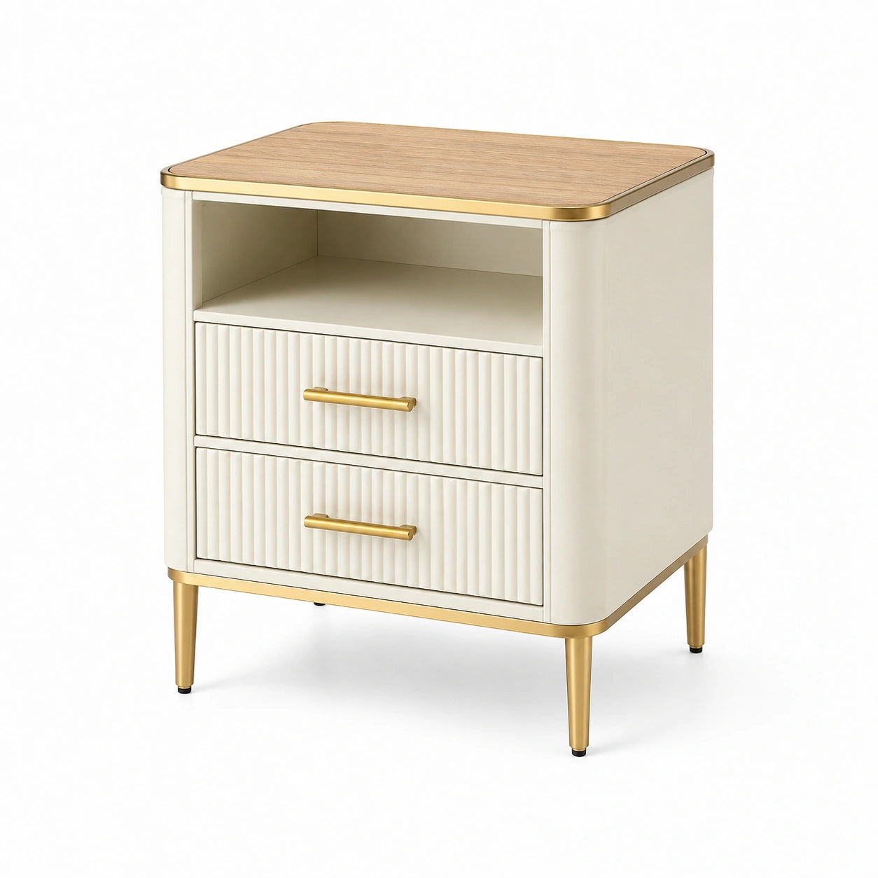 Comodino in MDF e metallo bianco e oro con 2 cassetti