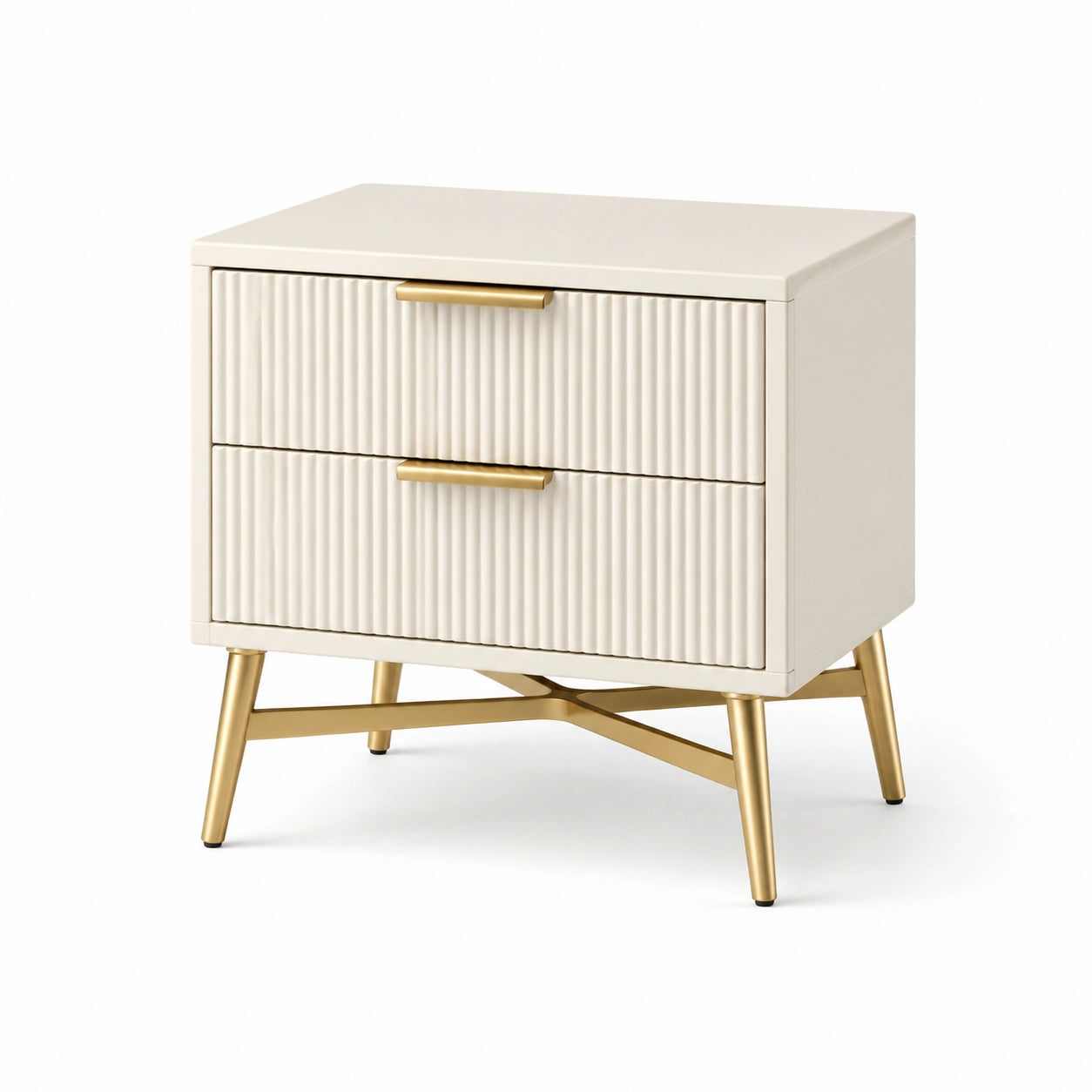 Comodino in legno e metallo bianco con gambe dorate