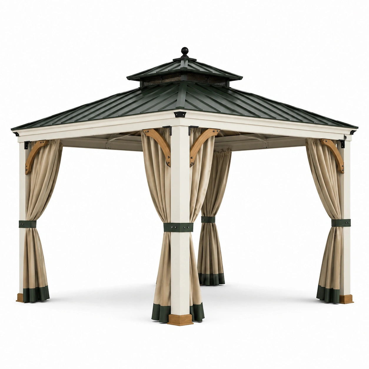 Gazebo quadrato in alluminio con tende in poliestere color crema 300x300x250 cm