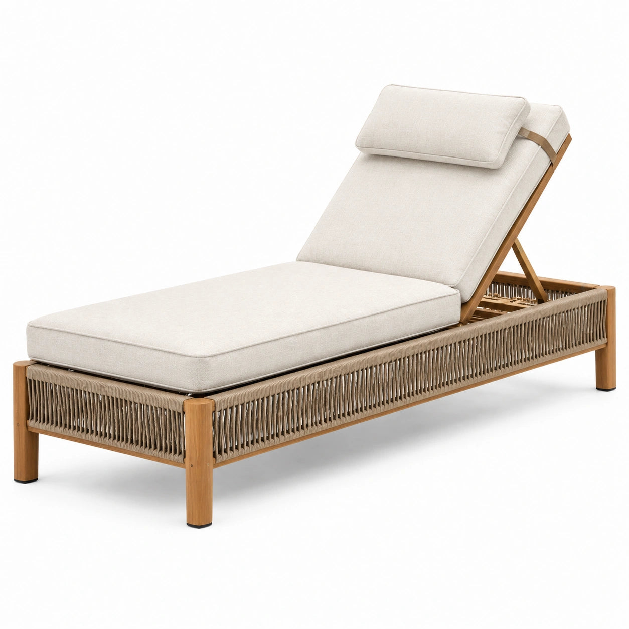 Lettino prendisole in legno di teak e tessuto poliestere beige