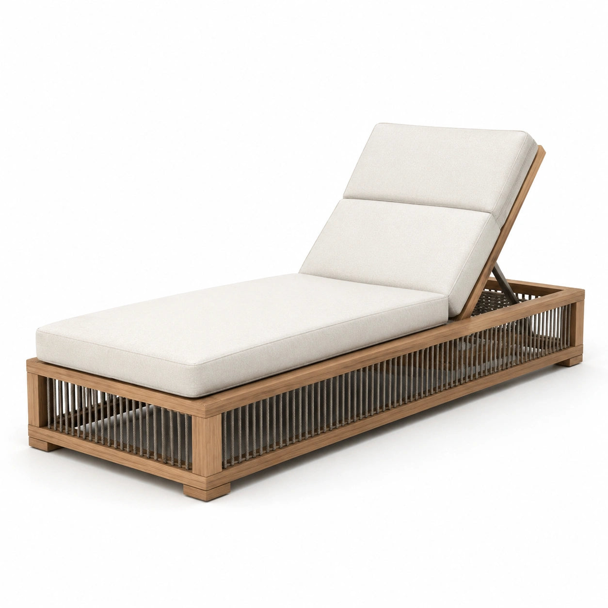 Chaise longue in legno di teak e tessuto bianco crema