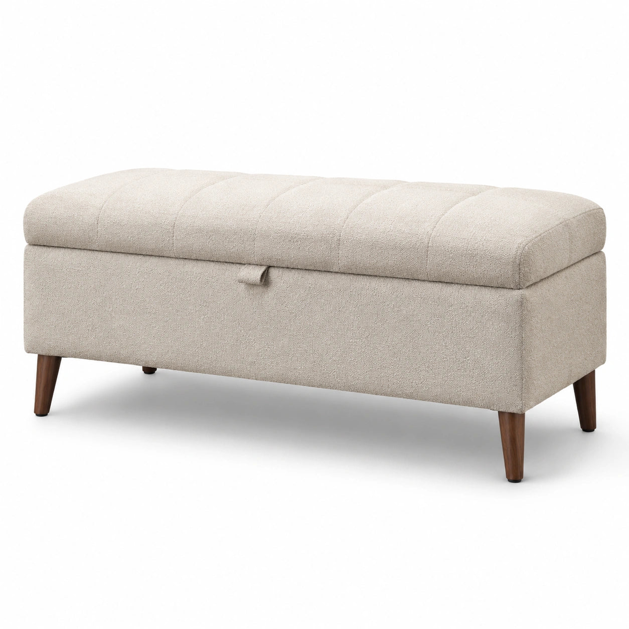 Panca contenitore in tessuto beige con gambe in legno