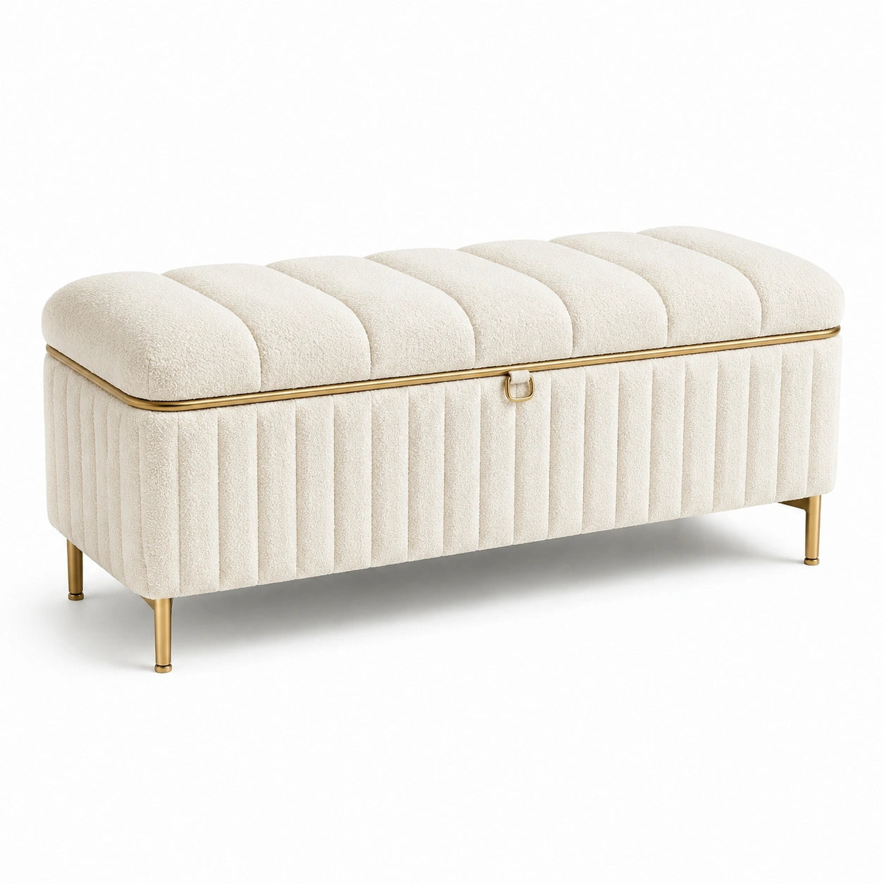 Panca contenitore in tessuto beige con gambe in metallo dorato
